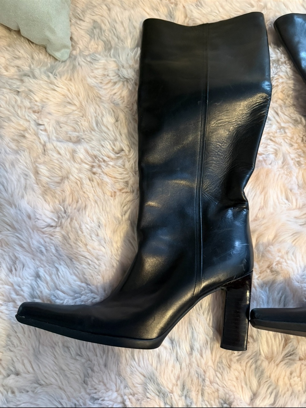 PRADA Women's Black Leather Knee High Zip Boots Square Toe Block Heel Sz 37.5 - Picture 2 of 15
